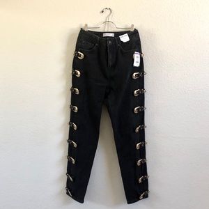 TOPSHOP Side-Buckle High-Rise Black Mom Jeans